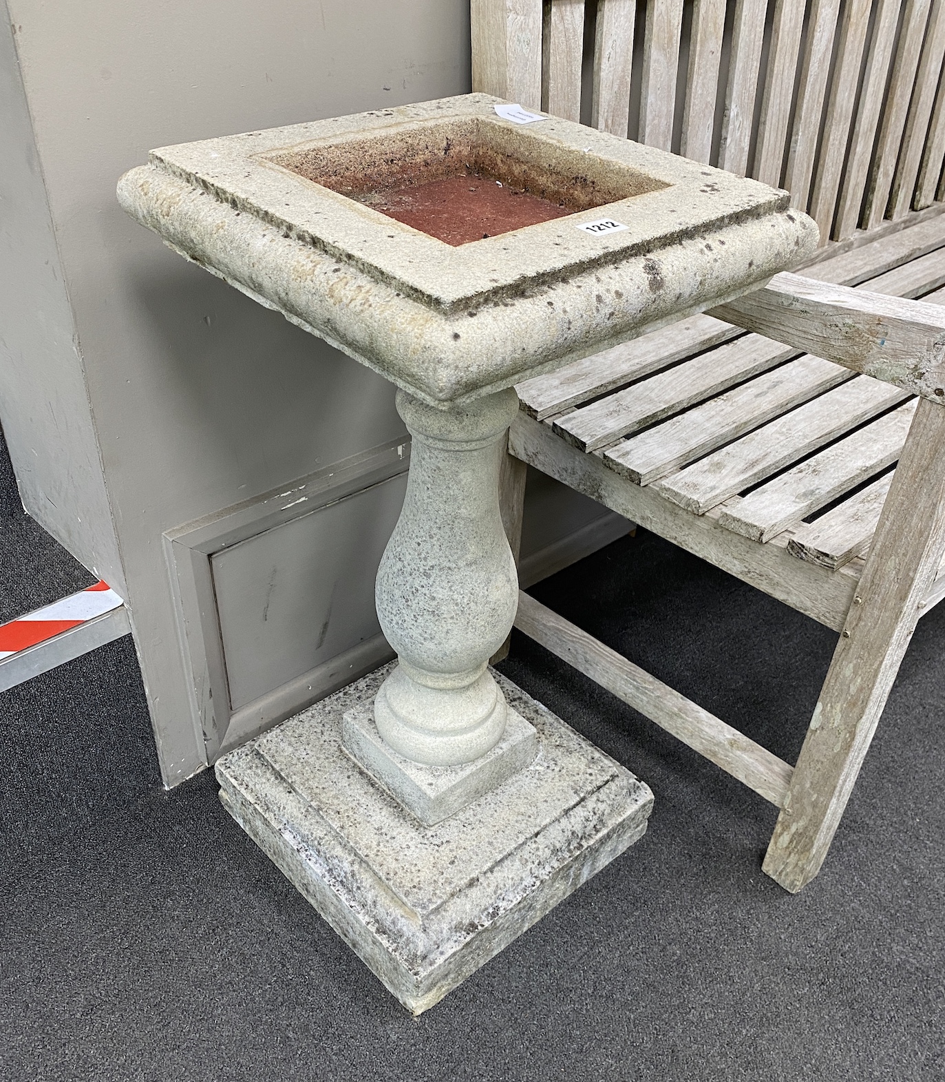 A square reconstituted stone bird bath, width 38cm, height 74cm